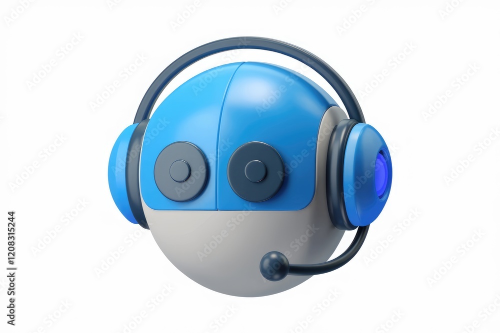 Poster a 3d rendering of a cute blue robot wearing a headset, providing customer support or virtual assista