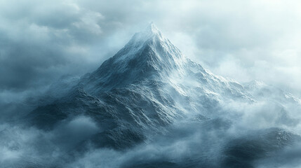 A distant mountain peak partially hidden by clouds suggesting mystery with a bright tone and modern blur, leaving empty space for a caption or interpretation
