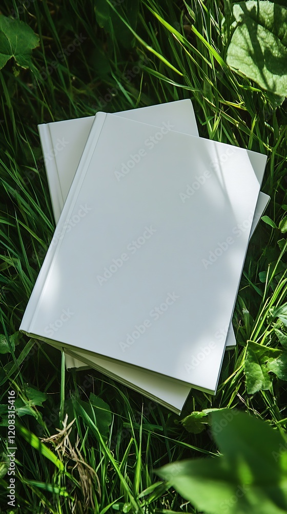 Poster top view of blank notebooks on vibrant green grass artistic composition : generative ai