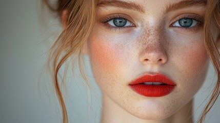 A detailed image of a woman sporting bold red lipstick