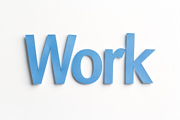 Bold blue "Work" typography on a clean white background, symbolizing productivity, professionalism, and focus in a minimalist and modern design