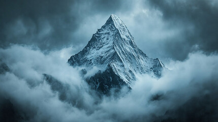 A distant mountain peak partially hidden by clouds suggesting mystery with a bright tone and modern blur, leaving empty space for a caption or interpretation
