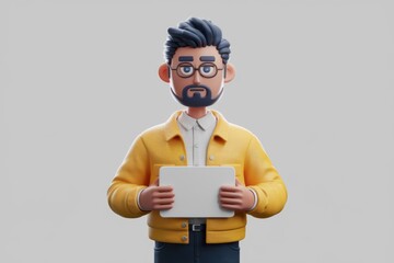 A 3D cartoon man with glasses, wearing a yellow jacket, holds a blank tablet.