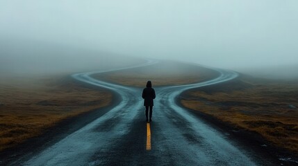 A lone figure on a foggy road, looking at multiple paths branching out into the unknown