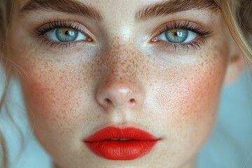 Close-up shot of a woman wearing bold red lipstick and detailed makeup