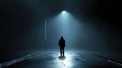 A lone figure standing under a broken streetlight in a rainy urban alley
