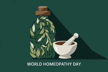 World Homeopathy Day: Herbal medicine bottle and mortar and pestle symbolize natural healing.