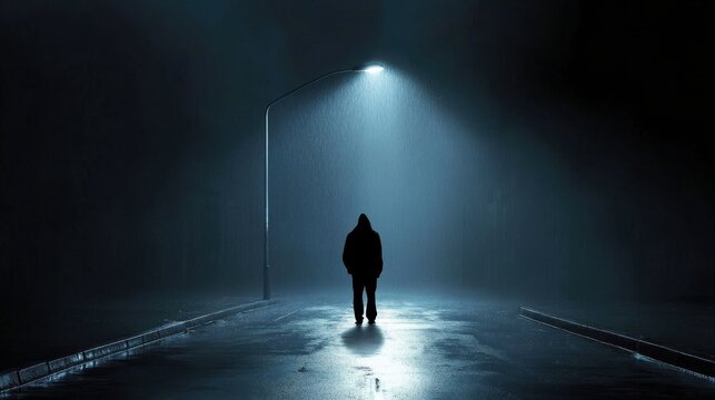 A lone figure standing under a broken streetlight in a rainy urban alley