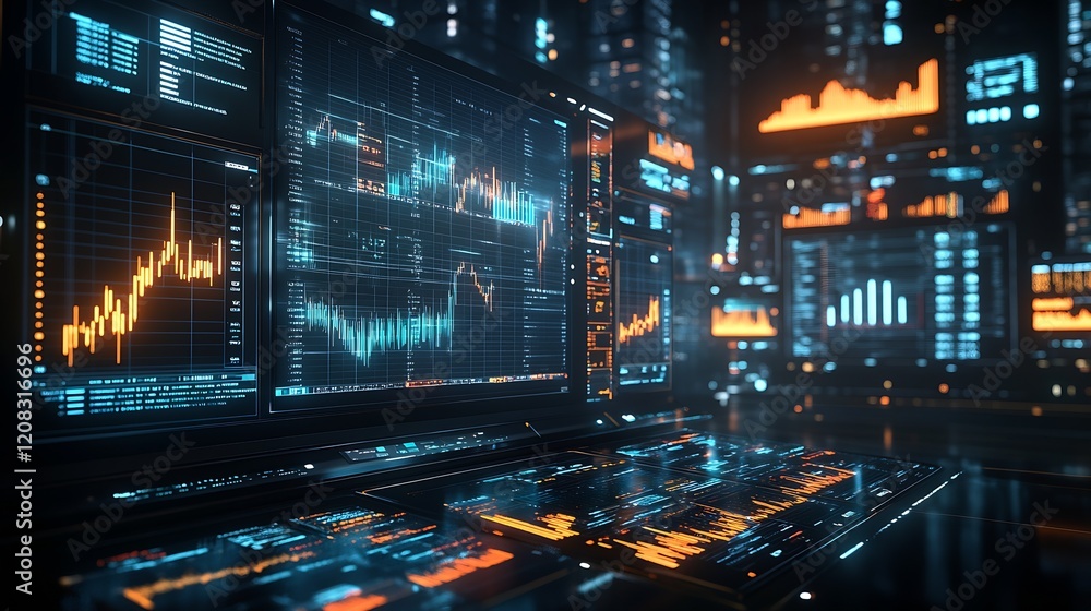 Fototapete Futuristic Tech Dashboard with Advanced Financial Data Visualization : Generative AI