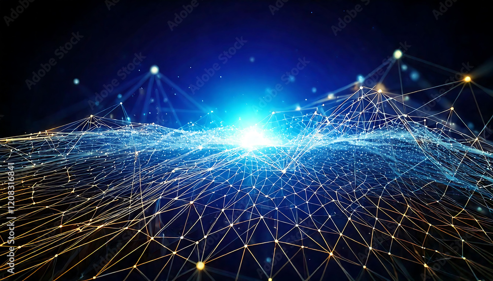 Poster stunning abstract image depicting a dynamic network of interconnected nodes, glowing with vibrant bl