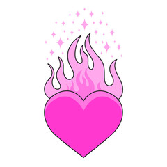 Set of Gothic pink Hearts with Flames. Emo goth aesthetic elements. Vector Illustration