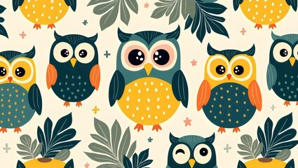 Naklejka premium Seamless Pattern of Stylized Owls with Colorful Feathers and Botanical Elements on Creamy Background