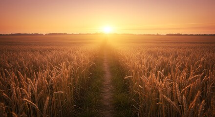 Obraz premium Vast golden agricultural wheat field with a narrow dirt path leading towards a bright glowing orange sunset, concept for agriculture, sustainable living and personal growth journey