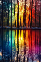 Obraz premium A colorful forest with the sun shining through the trees