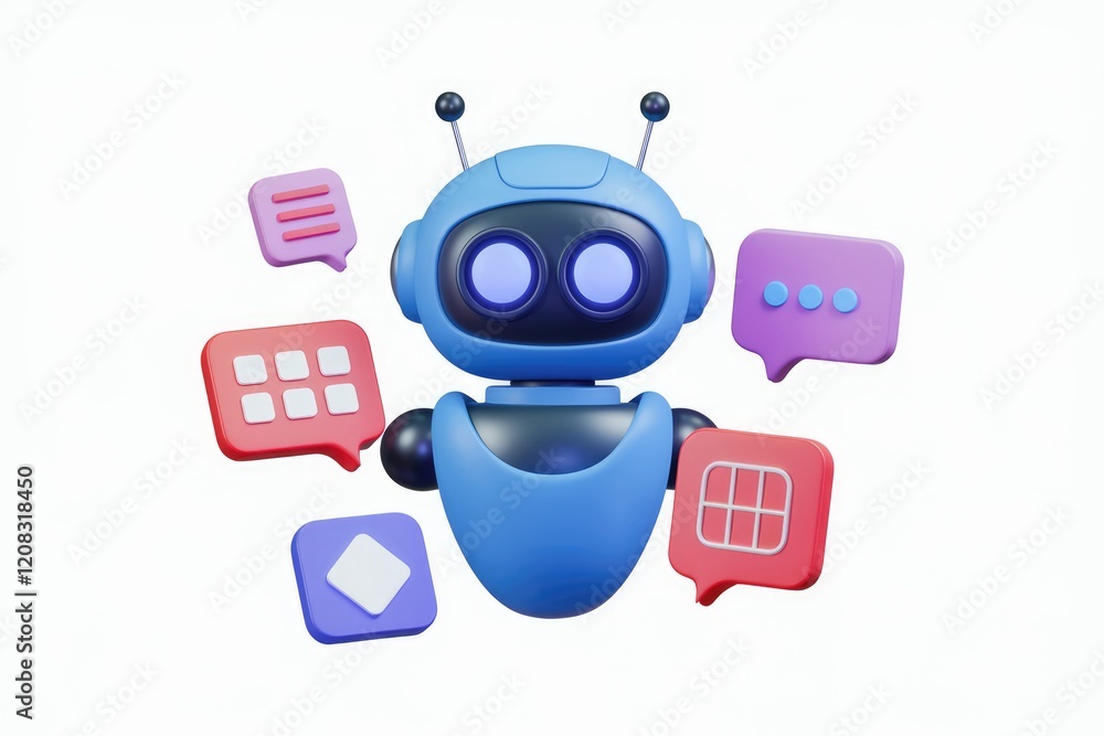Poster A friendly blue robot surrounded by colorful communication and application interface icons.