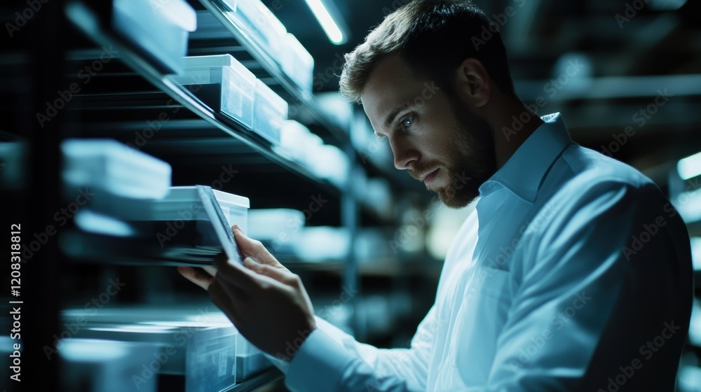 Poster focused warehouse worker searching for goods while checking inventory in a storage room filled with 