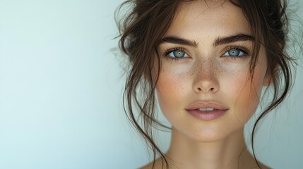 The subject's beauty is understated yet striking, with minimal makeup comprising a translucent foundation, light contours, and a touch of color on the lips. Bold eyes are emphasized by their natural