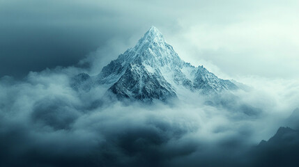 A distant mountain peak partially hidden by clouds suggesting mystery with a bright tone and modern blur, leaving empty space for a caption or interpretation
