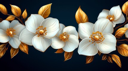 Elegant white flowers with gold leaves border.