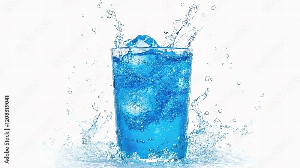 Poster refreshing blue drink with dynamic water waves in splashing motion