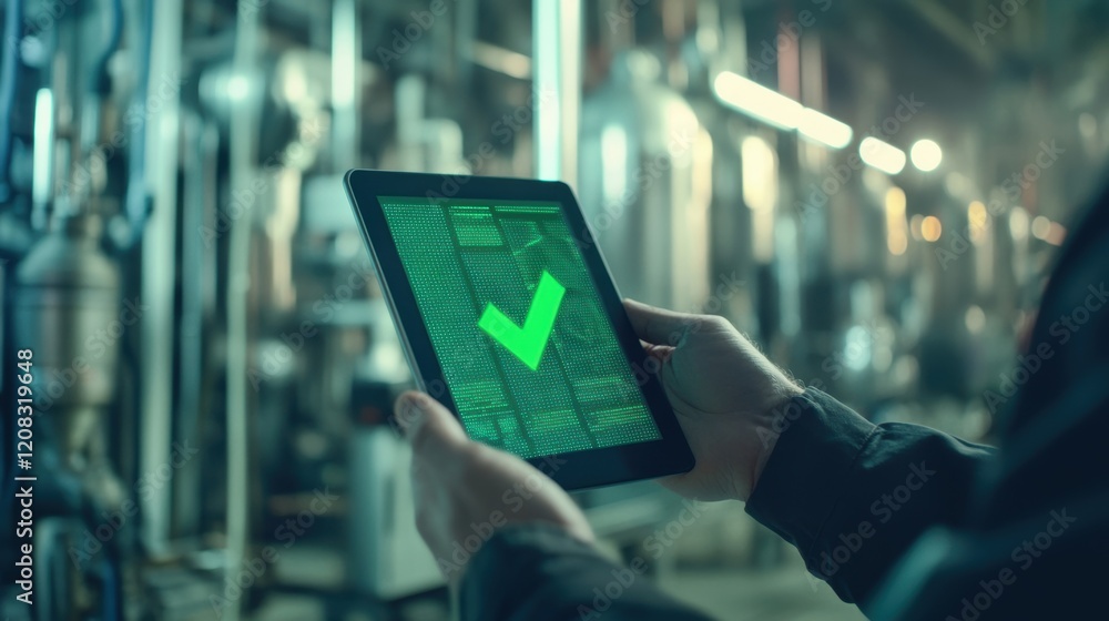 Aufkleber engineer is holding a tablet displaying a green check mark, indicating successful system check and o