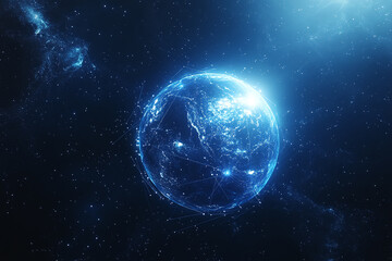Naklejka premium Futuristic Technology Sphere with Glowing Circuitry and AI Concept in Hands Depicting Digital Innovation and Advanced Cyber Design