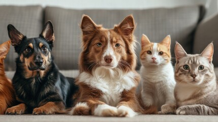 A pet with unique fur patterns sitting proudly next to others with standard coats