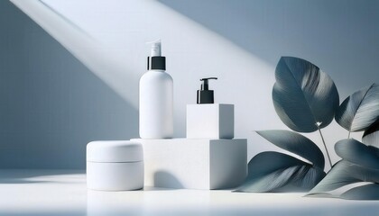 Minimalist skincare products arranged on white blocks, with soft shadows and green leaves, creating a fresh, clean, and natural aesthetic.