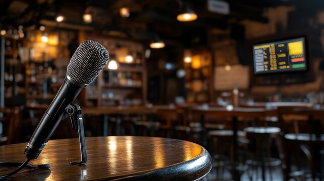 A pub trivia setup with a microphone, a timer, and a scoreboard in a cozy bar