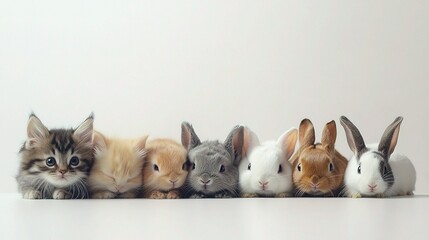 Fototapeta premium Row of Adorable Pets: Cat, Dog, Bunny, and Guinea Pig Collection