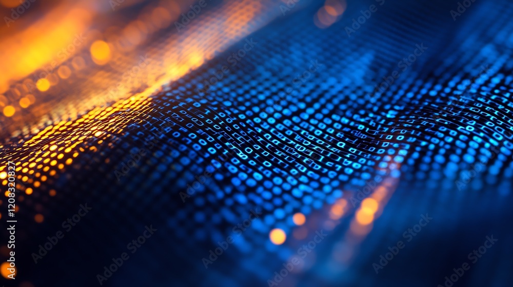 Poster Closeup of digital circuit pattern in cool blue and orange light symbolizing technology and data flow : Generative AI