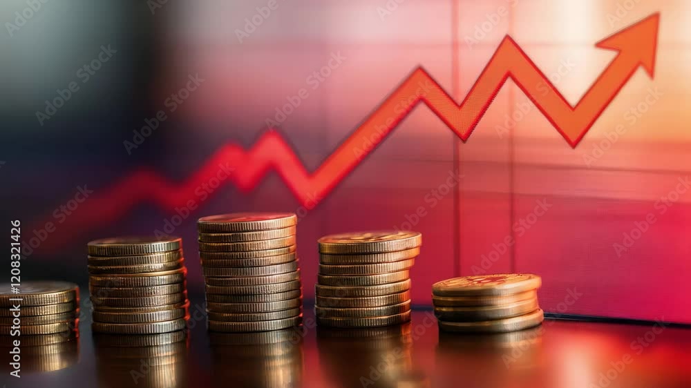 Poster stacks of coins rising in value against a red arrow graph illustrate positive investment returns, sy