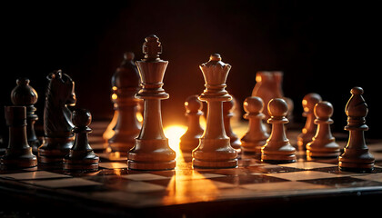 Dramatic close-up of a chessboard, illuminated by warm light.  King and queen pieces stand prominently, showcasing strategy and competition.