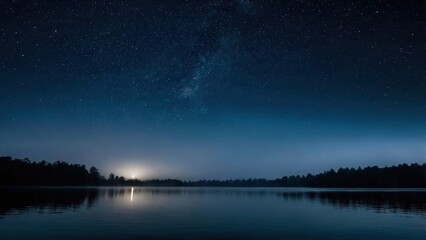 Serene Night Lake: Starry Sky, Tranquil Waters, Dark Silhouette