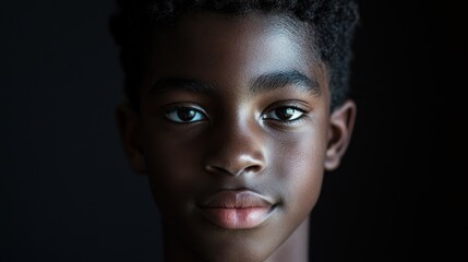 Portrait of a young male teen against a dark background with intense gaze