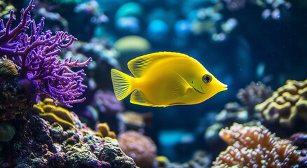 Vibrant coral reef aquarium scene with tropical fish and colorful corals