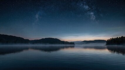 Fototapeta premium Serene Nightscape: Misty Lake Under a Starry Sky