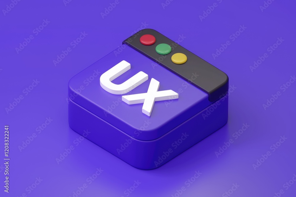 Poster 3D render of a purple UX box with traffic lights, symbolizing user experience design.