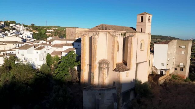 Drone view of Church of Our Lady of the Incarnation, in Setenil de las Bodegas, Cadiz, Andalusia, Spain.