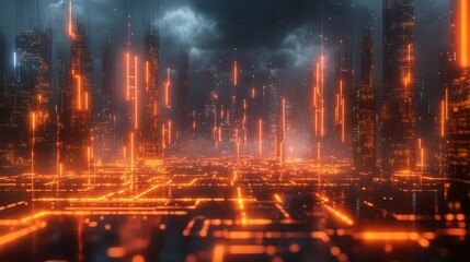 Naklejka premium a crackling electric storm illuminates a digital matrix landscape, neon orange lightning bolts weaving through holographic circuit patterns, cyberpunk aesthetic with volumetric fog