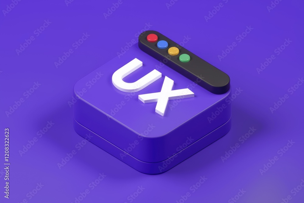 Poster A 3D rendering of a purple UX design app icon with a black top bar and colorful buttons.