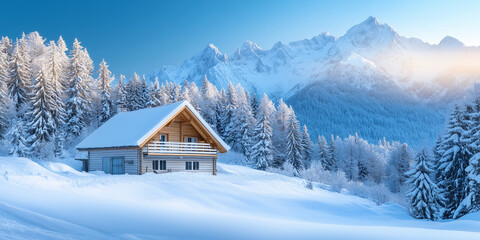 Cozy snow-covered cabin in a stunning mountain winter wonderland