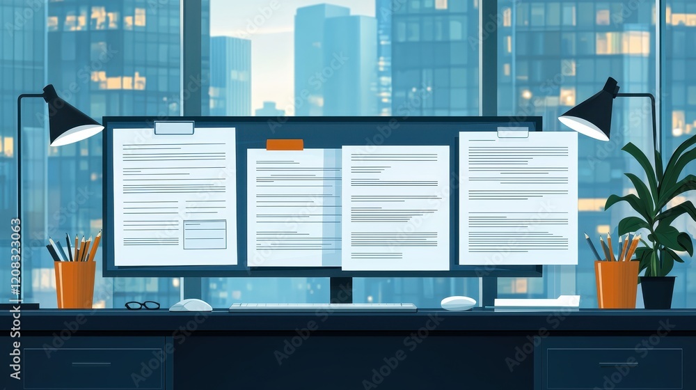 Poster tax form submission workspace modern office document submission urban environment overview productiv