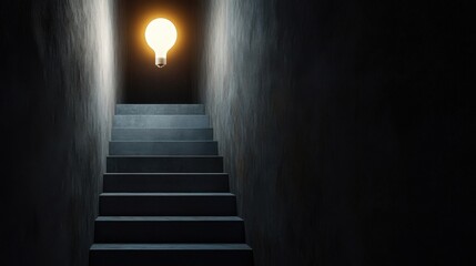 A staircase leading downward into complete darkness, with a single light bulb flickering