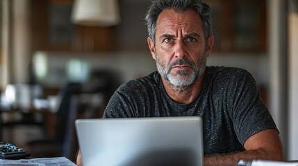 Worried Businessman Reviewing Penalty Charges at Home Office Serious Mood Digital Environment Close-up View