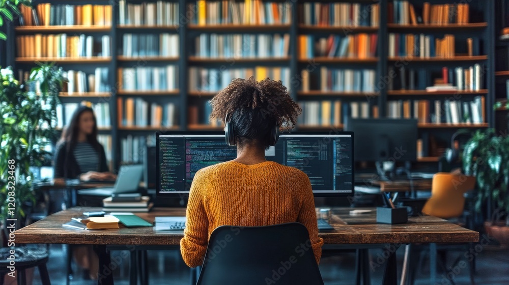 Poster working in a modern library environment with screens and books all around