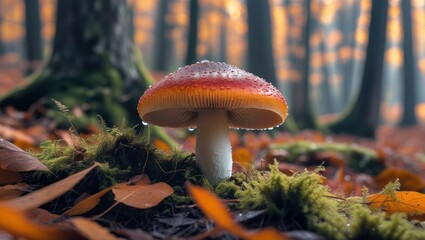 Autumnal Forest Mushroom: A Dew-Kissed Fungus in Soft Light