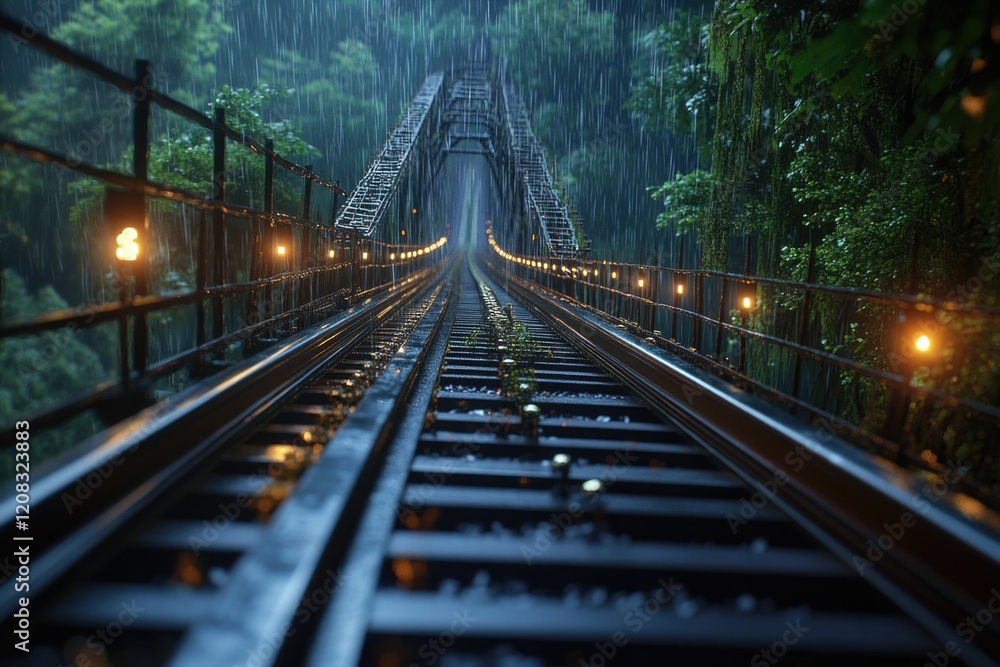 Poster train tracks running through dense forest, scenic view with trees and underbrush