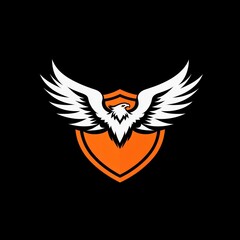 Obraz premium White eagle with orange shield graphic, with black background for team logo or mascot design