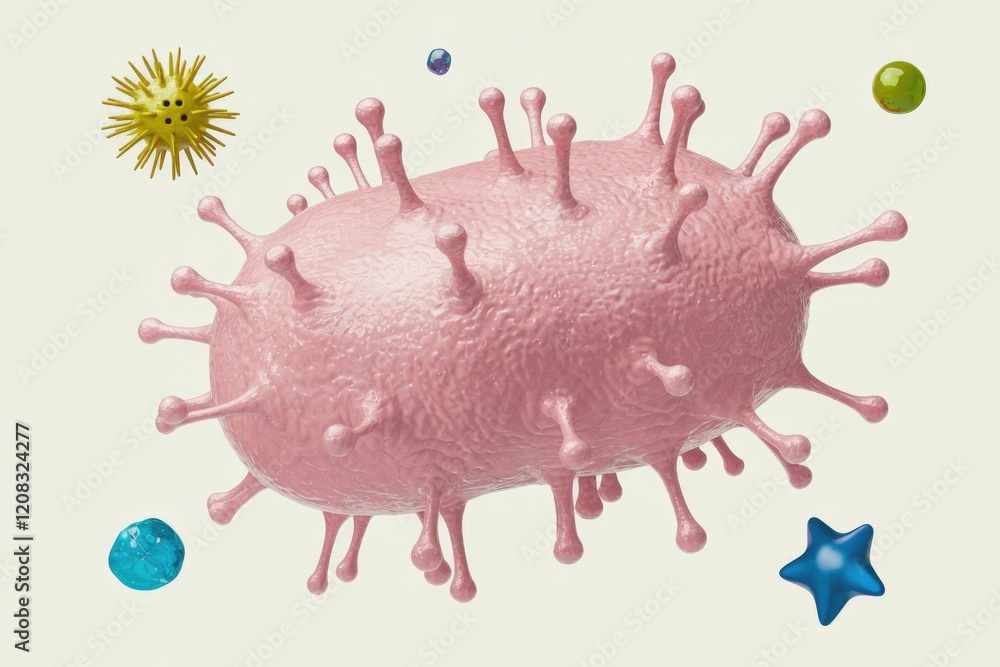 Poster A 3D rendering of a virus particle, possibly representing a coronavirus or similar pathogen.